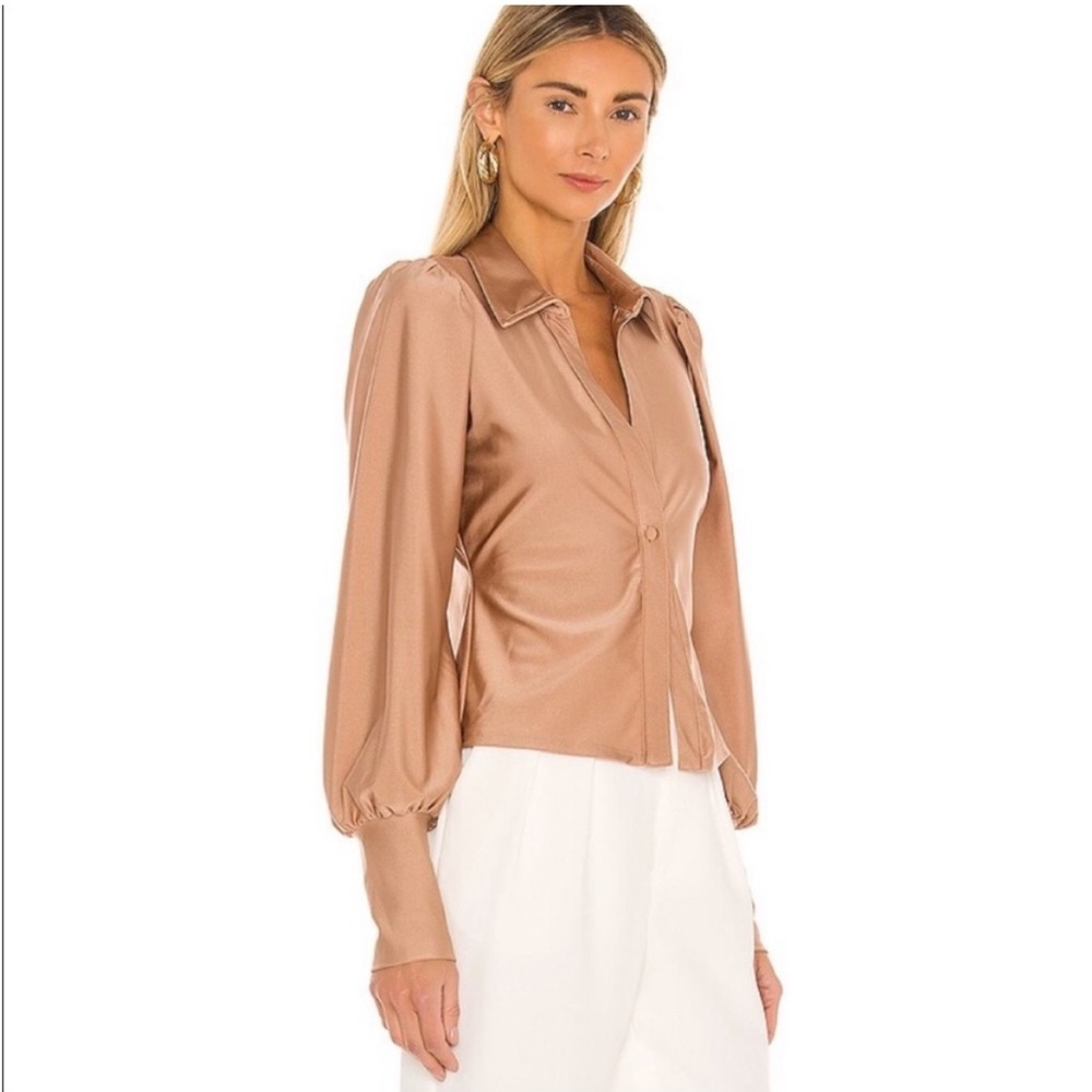 NWT AFRM Satin Puff Sleeves Zayne Button Gront Top Blouse In Sienna Size XS